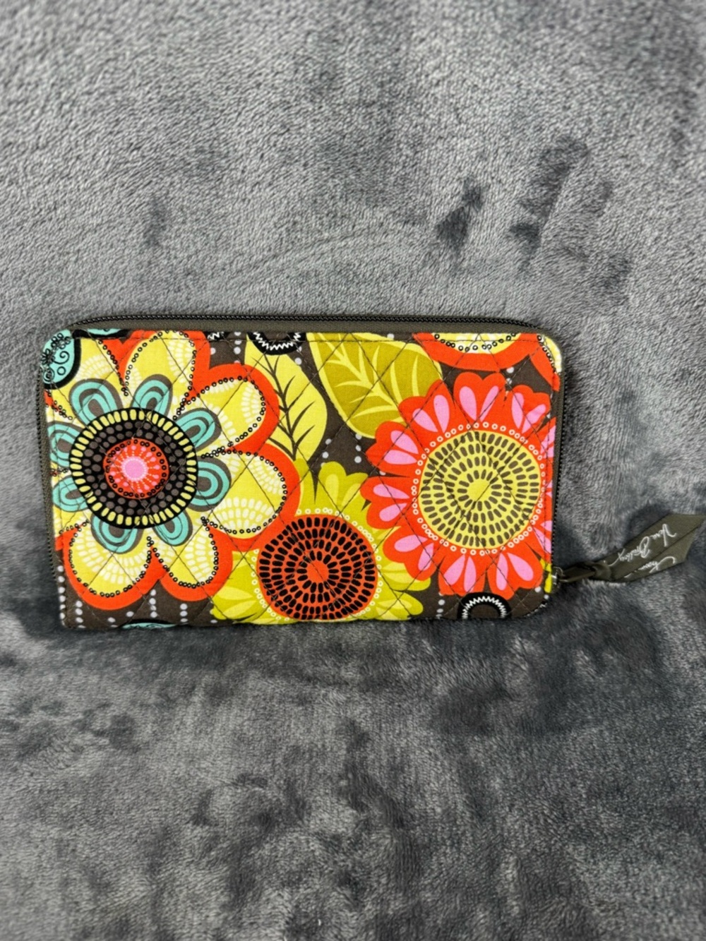 Vera Bradley Flower Shower Zip Around Wallet Brown Orange Teal Green Floral